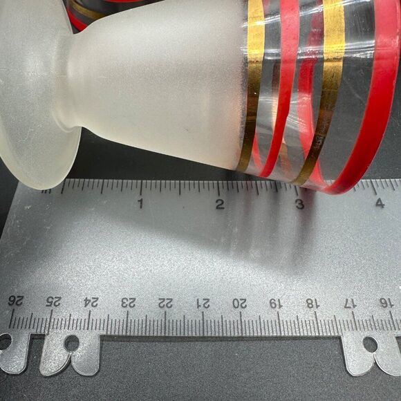 MCM Cordial Shot Glasses Frosted Footed Striped Red Gold Rimmed Set Vtg 1940s - Picture 10 of 12